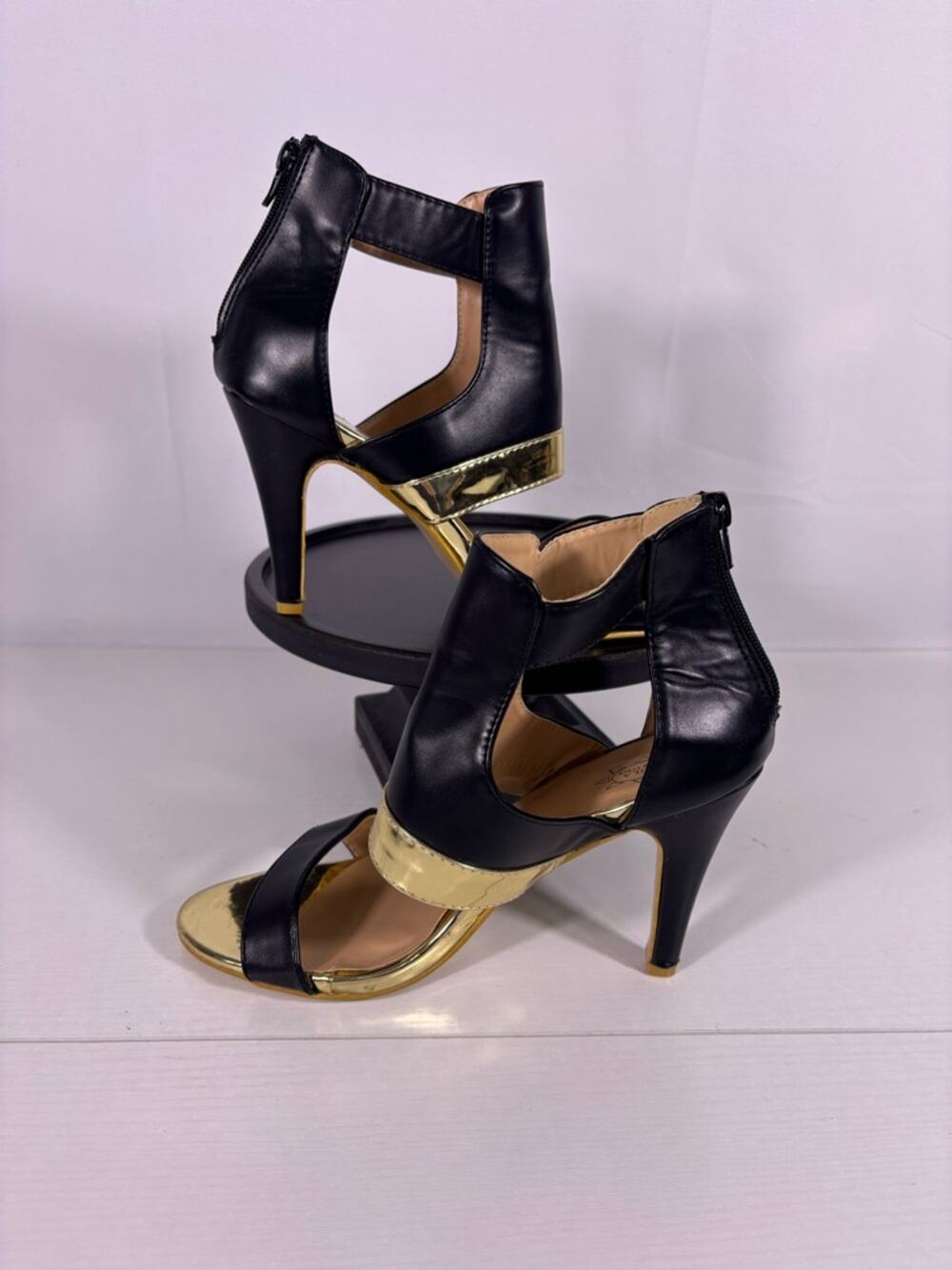 Black & Gold Cutout Heeled Sandals | Metallic Trim Stiletto Heels Size 10 (41)